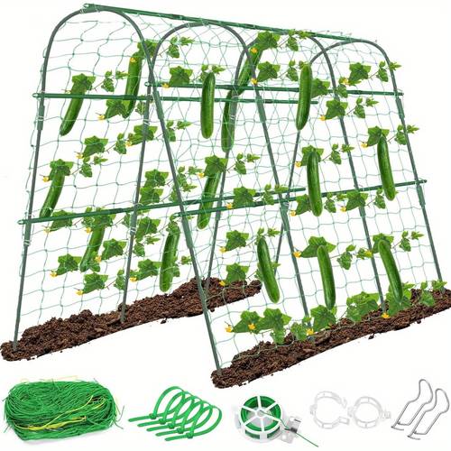 gurken rankgitter für hochbeete, 63 x 45 zoll u-förmiges garten rankgitter für kletterpflanzen im freien mit kletternetz, metall abnehmbare pflanzenstütze gemüse rankgitter