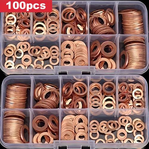 100 copper washers copper sealing washers o ring solid washer series set piece automotive engine oil washer chassis nut and set flat ring sealing washer series set piece with box washer set sealing ring copper wire for craft