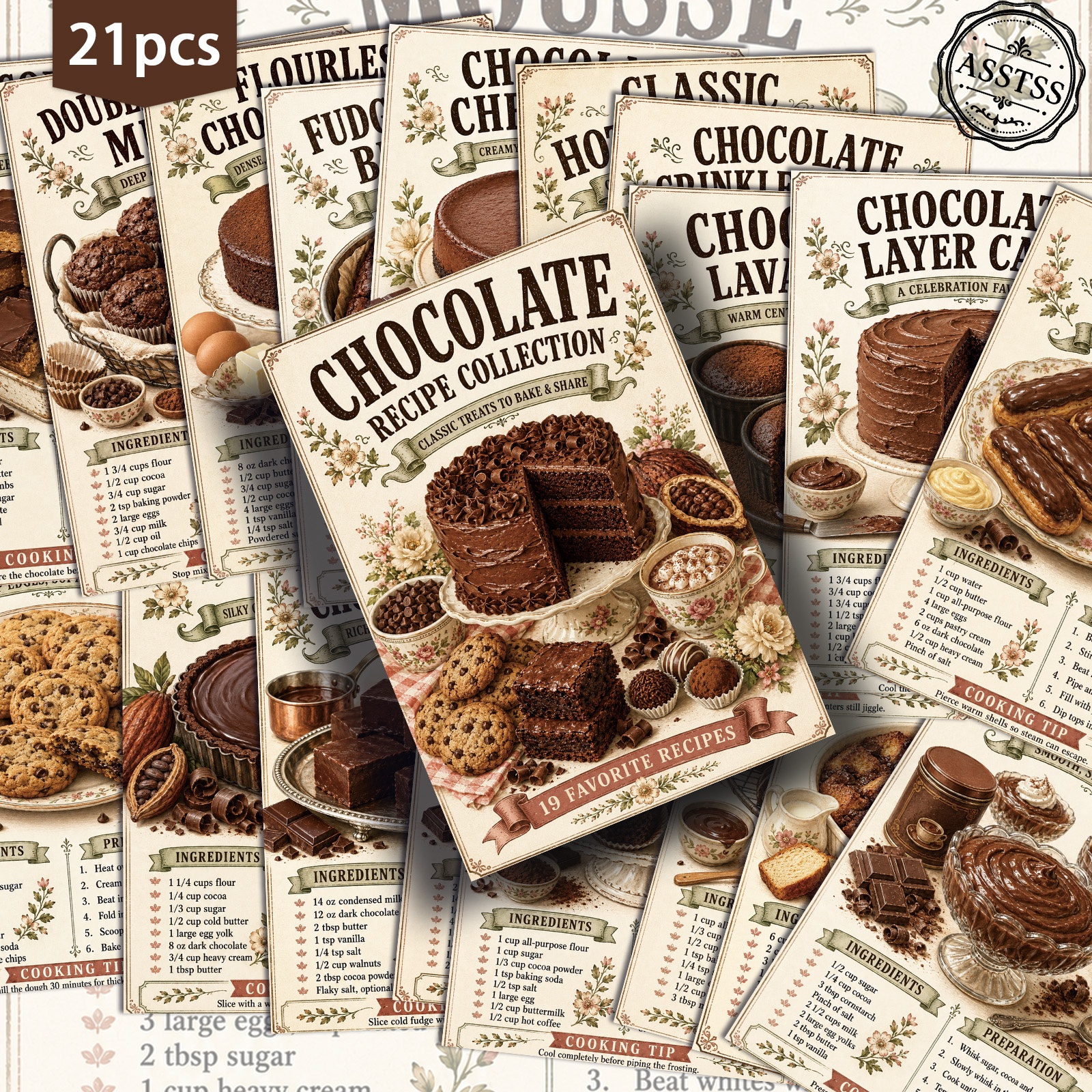 TEMU 21-pack Asstss Vintage Chocolate Recipe Collection Postcards - 4x6 Inches Retro Junk Journal Supplies, Classic Pinup Illustrations Collectible