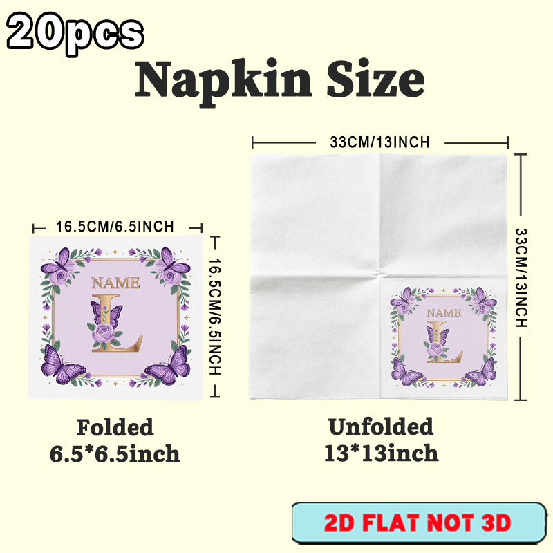 TEMU Lot de 20 serviettes personnalisées élégantes à motif floral violet avec papillons et de nom, convient pour papier de fête, papier de fête air,