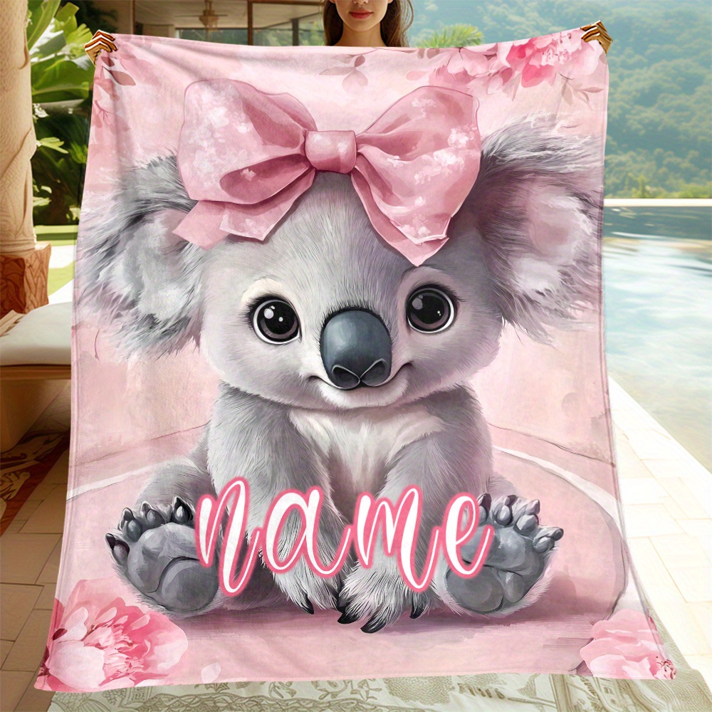 Personalized Pink Cute Koala Travel Blanket, Lightweight Flannel
