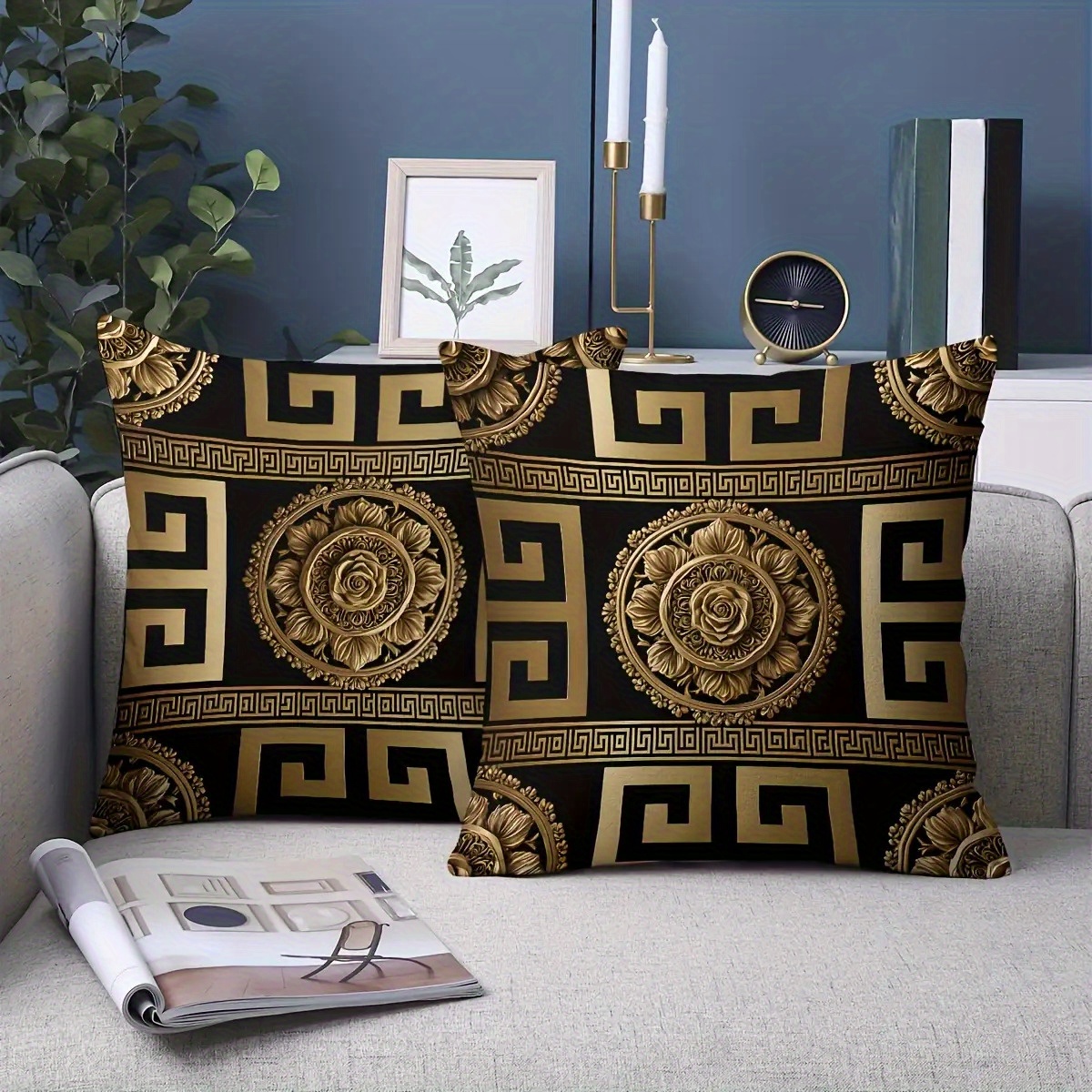 TEMU 2pcs Modern Black And Golden Floral Decorative Pillow Covers, 18x18 Inches, Polyester, Machine Washable, Zipper Closure, Single Sided Print,