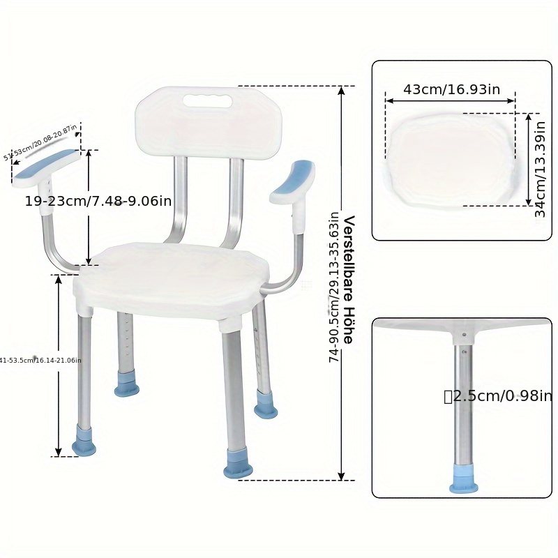 TEMU Taburete de ducha de para el baño, altura regulable, con respaldo y reposabrazos para un soporte seguro