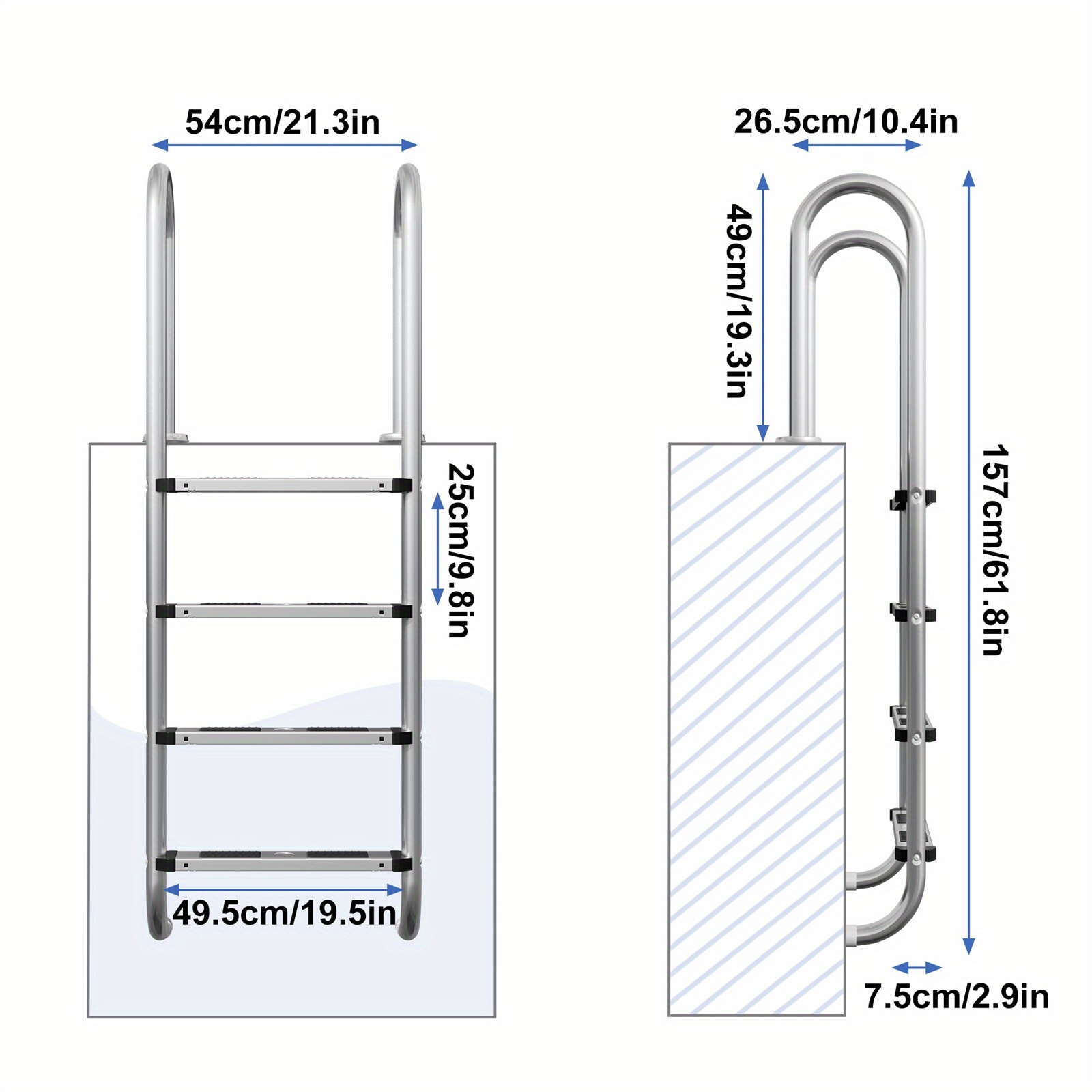 Anti-slip Pool Handrail Pool Ladder Stainless Steel Pool Ladder 3/ Pool Access Ladder 132/157 Cm With Anti-slip Pads And Curved Handrails Installation Materials Included