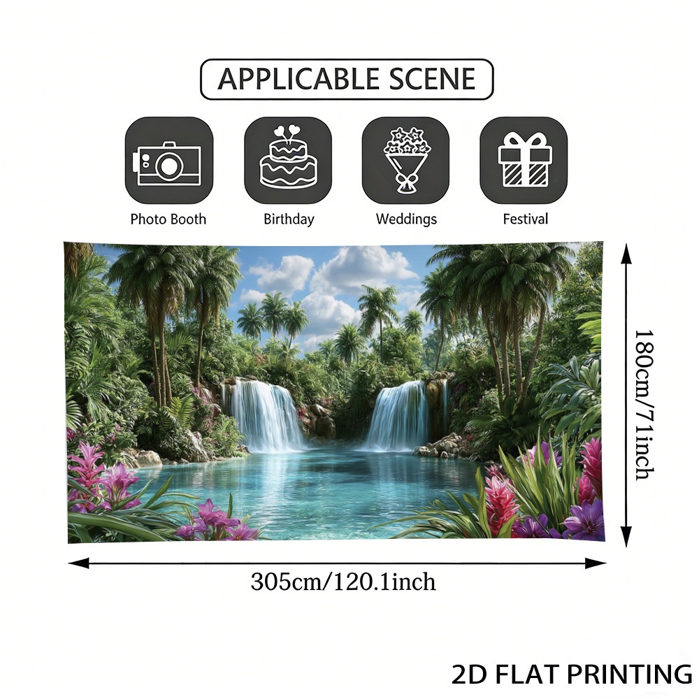 TEMU 1pc 1pcs Tropical Waterfall Banner With Palm Tree & Foliage - Polyester Fiber Suitable For Garage Door, Fence, Balcony, Garden Party Decorations