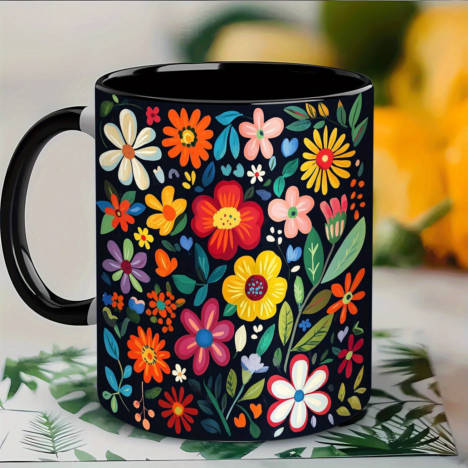 TEMU 1pc 11oz Ceramic Mug With Double-sided Bright Floral Patterns - Rim Suitable For Home, Office Cups,, Mother' Day, Father' Day, Hand Wash Only, High-quality Finish For Hot/ Beverages