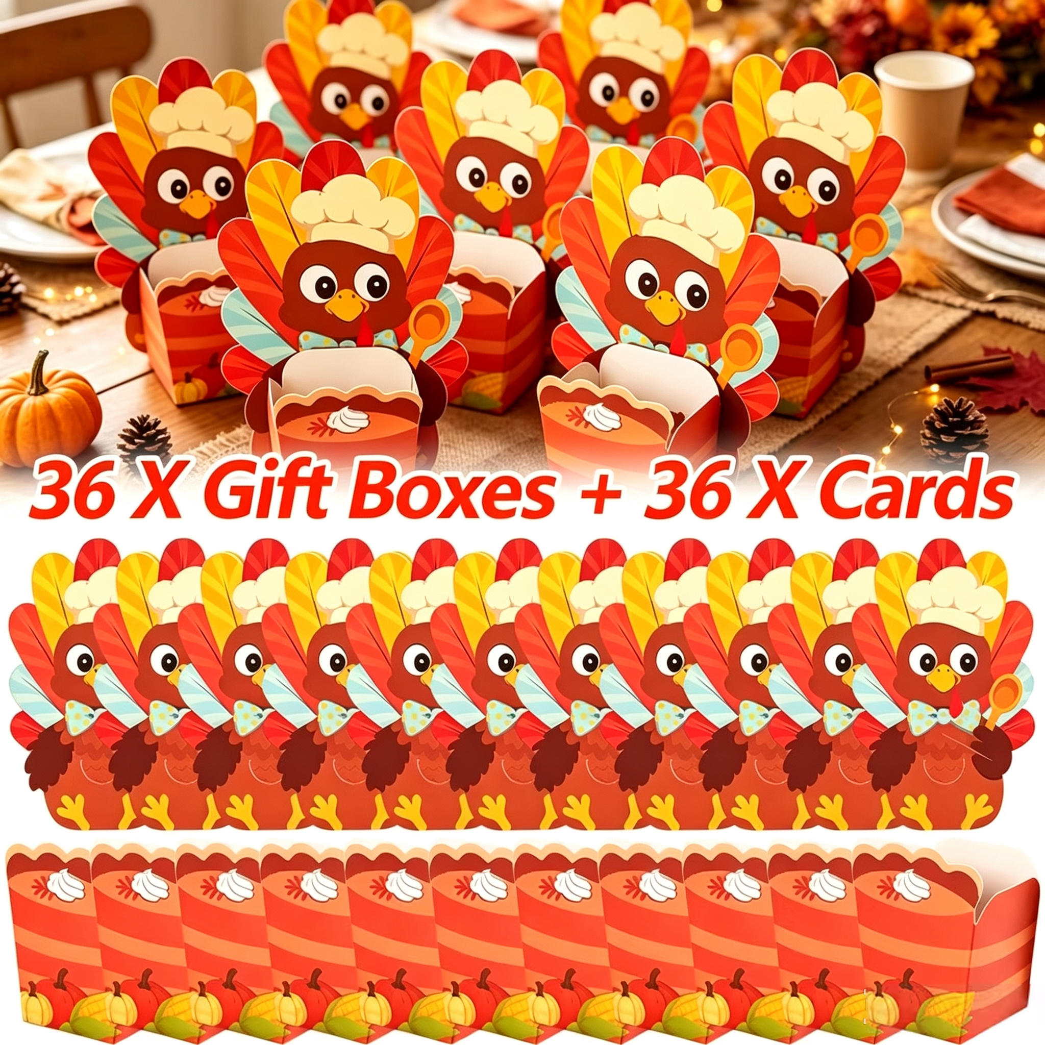 TEMU 36pcs Thanksgiving Turkey Gift Boxes With 36pcs Matching Cards, Turkey Paper Treat Boxes, Party Favor Containers Table Decor For Thanksgiving