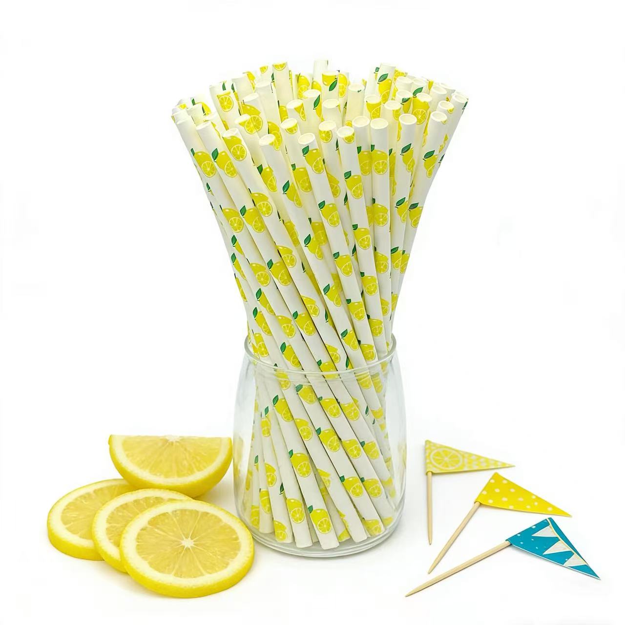 25/100pcs Lemon Pattern Paper Straws 6x197mm Disposable Party Supplies Birthday Graduation