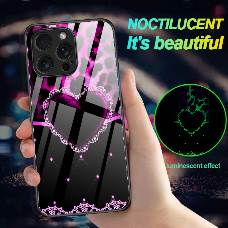TEMU Phone Case: Pink Leopard Heart Pattern Light Phone Case Shockproof Luminous Without Power For Iphone 17 Pro Max/16/15/14/13/12/11 Luminous Case