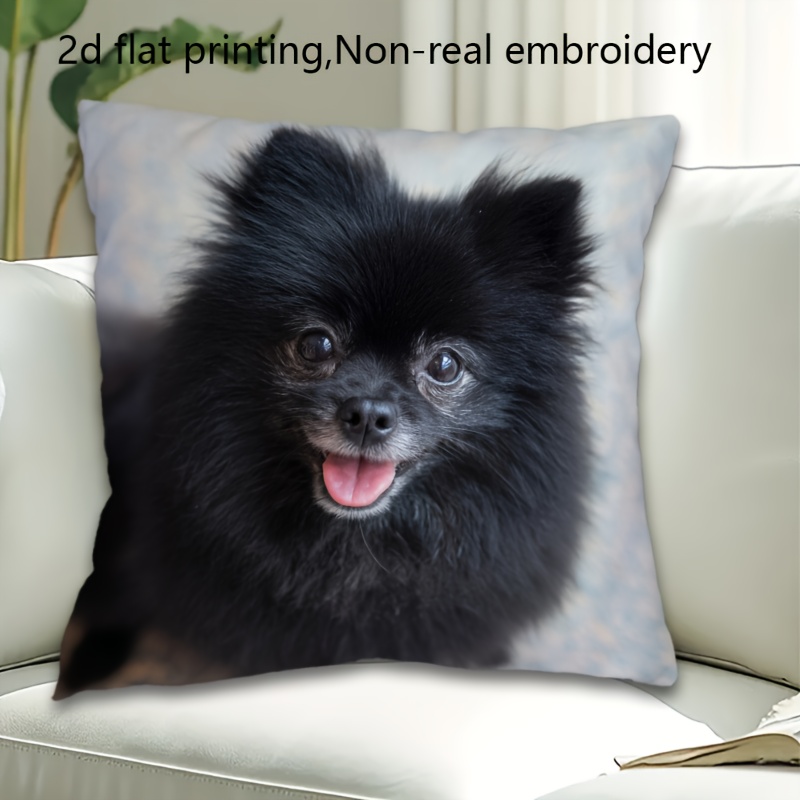 TEMU 1 Housse de Coussin Décorative Pomeranian Noir avec Impression 2D Plate, Lavable en Machine, Cadeau pour Amoureux des Animaux, Adaptée , , la