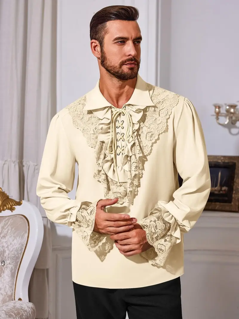 Steampunk Men's Medieval Ruffle Shirt Renaissance Pirate Shirt Linen Shirt Long Sleeve Medieval Shirt With Lacing Shirts Stand-Up Collar Gothic Steampunk T-Shirt V-Neck Plain, Army Green