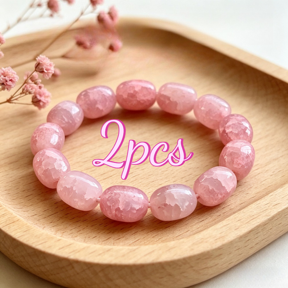 TEMU 2pcs Vintage Bohemian Style Pink Rose Quartz Beaded Bracelet, Natural Stone Elastic Wrist Jewelry, Romantic And Elegant Temperament, Durable And