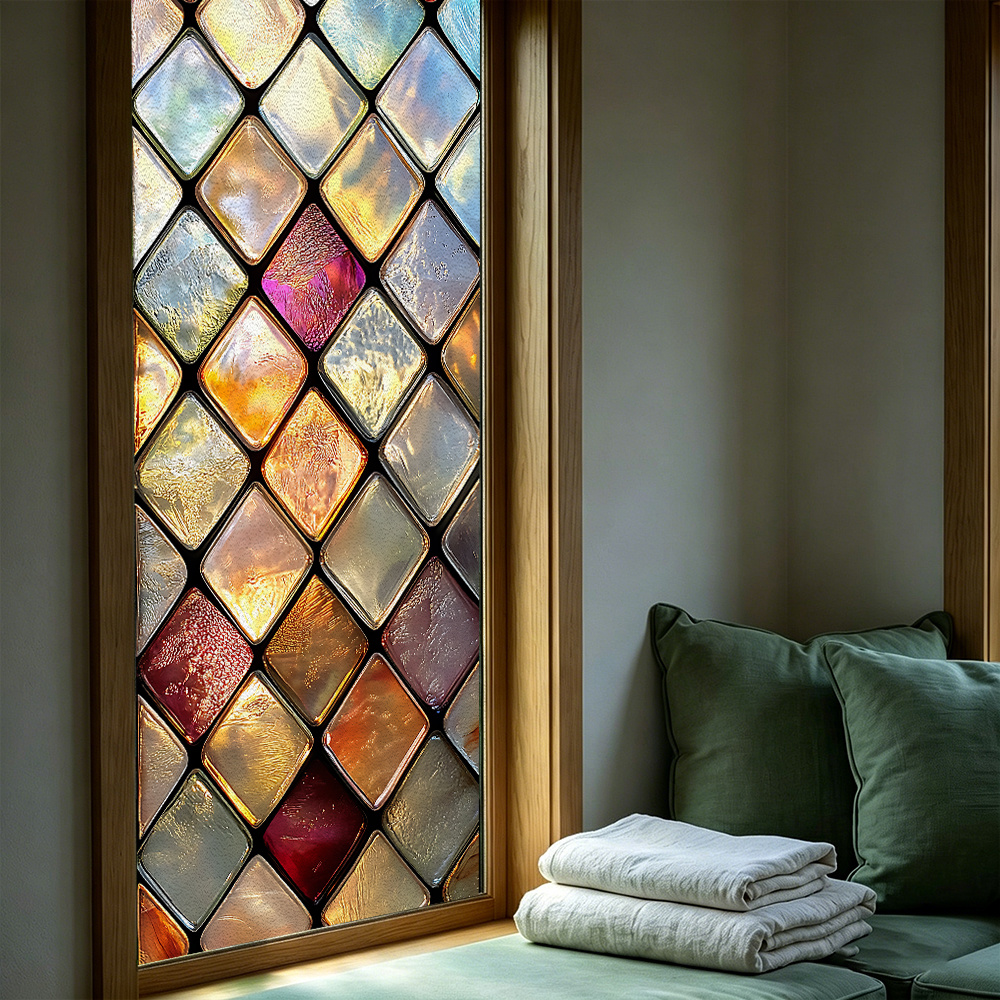 TEMU 1pc Retro Full Blackout Geometric Glass Film, 100cm X 45cm Large Size Multicolor Diamond Pattern, 100% Full Shading Blocking Privacy Anti-static