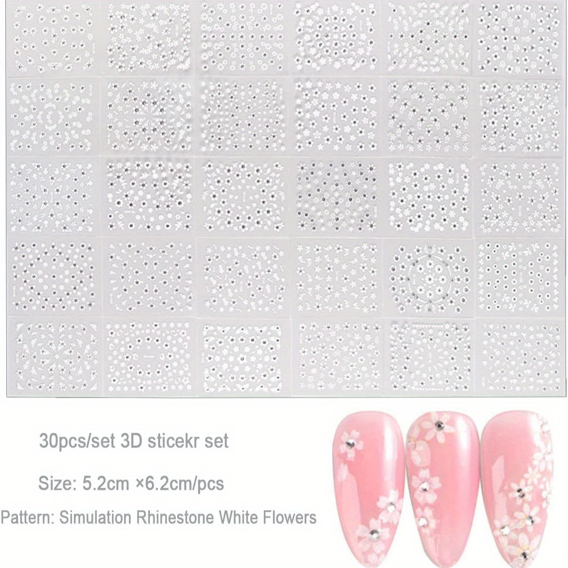 Flower Nail Art Stickers White Flower With Rhinestones Designs Self Adhesive Nail Decals