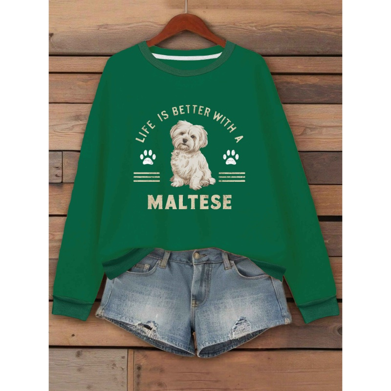 

Women's Maltese Dog Sweatshirt - Red Crew Neck Casual Pullover With " With A Maltese" Design, Fall & Spring, Maltese Tshirt