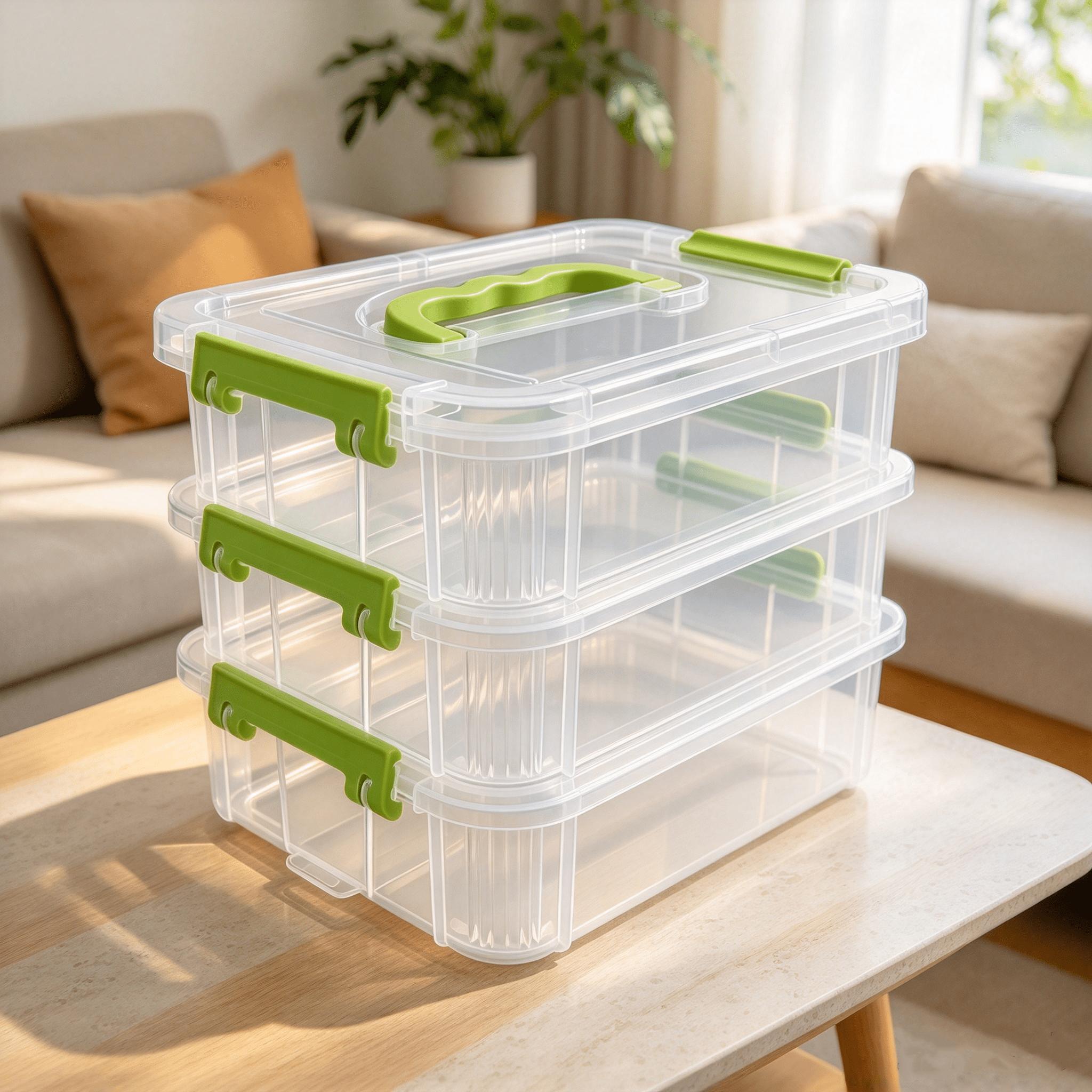 TEMU 4pcs Set (3-layer Boxes And 1pc Lid) Screw Parts Storage Boxes, Transparent Plastic Tool Organizer, Each Layer Independent With Lid Green