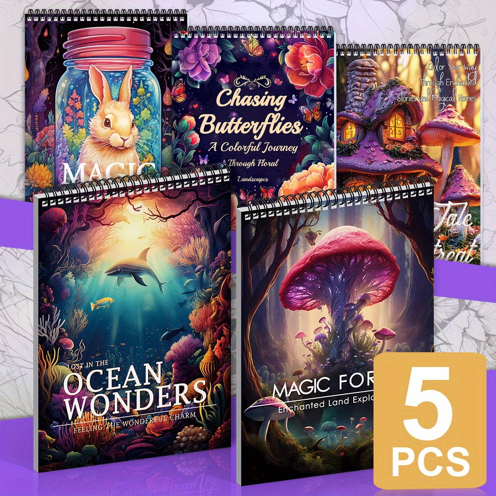 TEMU Adult Coloring Book Set - 5 Beautifully Designed Themes: Bottles, Forest, Butterflies, , And Magical Cottage - Ideal For Men, Women,