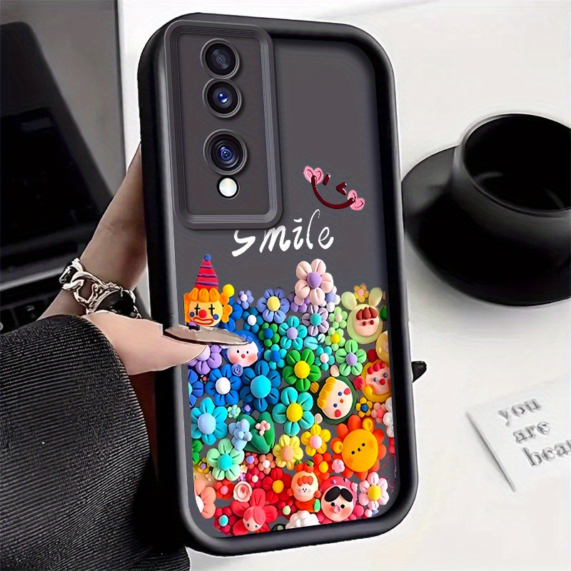 TEMU Phone Case - Phone Case With A Black Background Featuring Small Flowers And A Cartoon Design | Floral Phone Cover | Cartoon Flower Protective