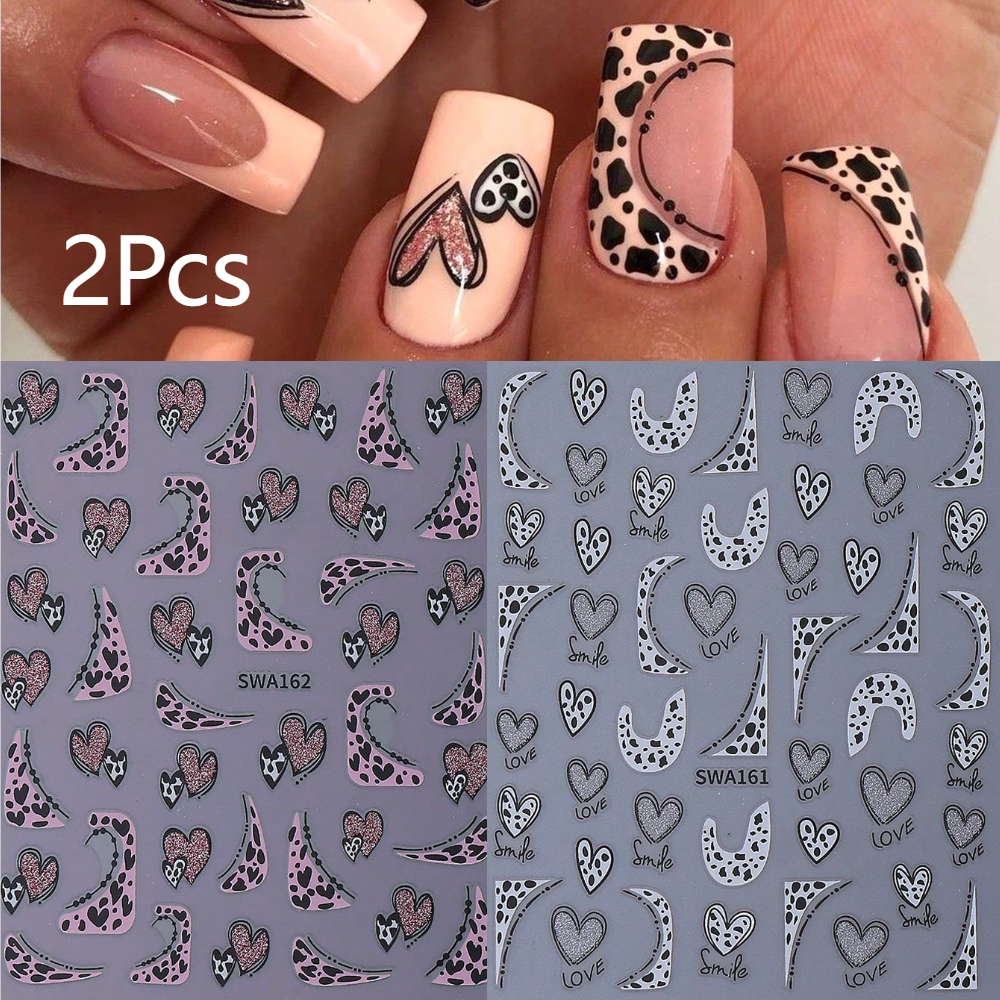 2pcs Heart Leopard Print Nail Art Stickers 3d & Silvery Dots Pattern 3d Self-adhesive Decals Valentine's Days Nail Manicure Decoration