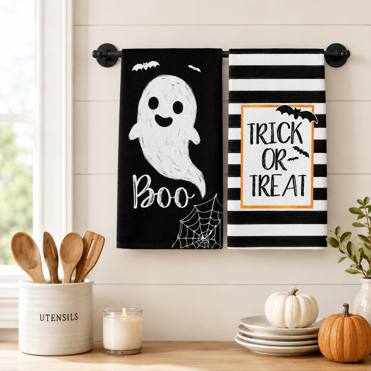 TEMU Ensemble de 2 torchons de cuisine d'Halloween, torchons à vaisselle à rayures noires et blanches imprimées " ou Treat", serviettes absorbantes,