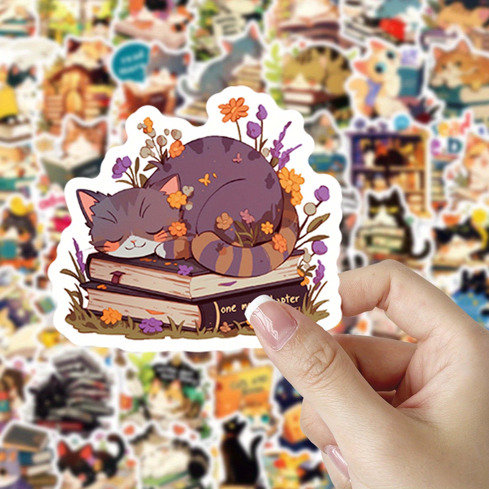 TEMU 50pcs Of Matte Book Cat Stickers Suitable For Plastic, Glass, Metal, Irregularly Shaped Phone Cases, Laptops, Water Bottles, Scrapbooks, And
