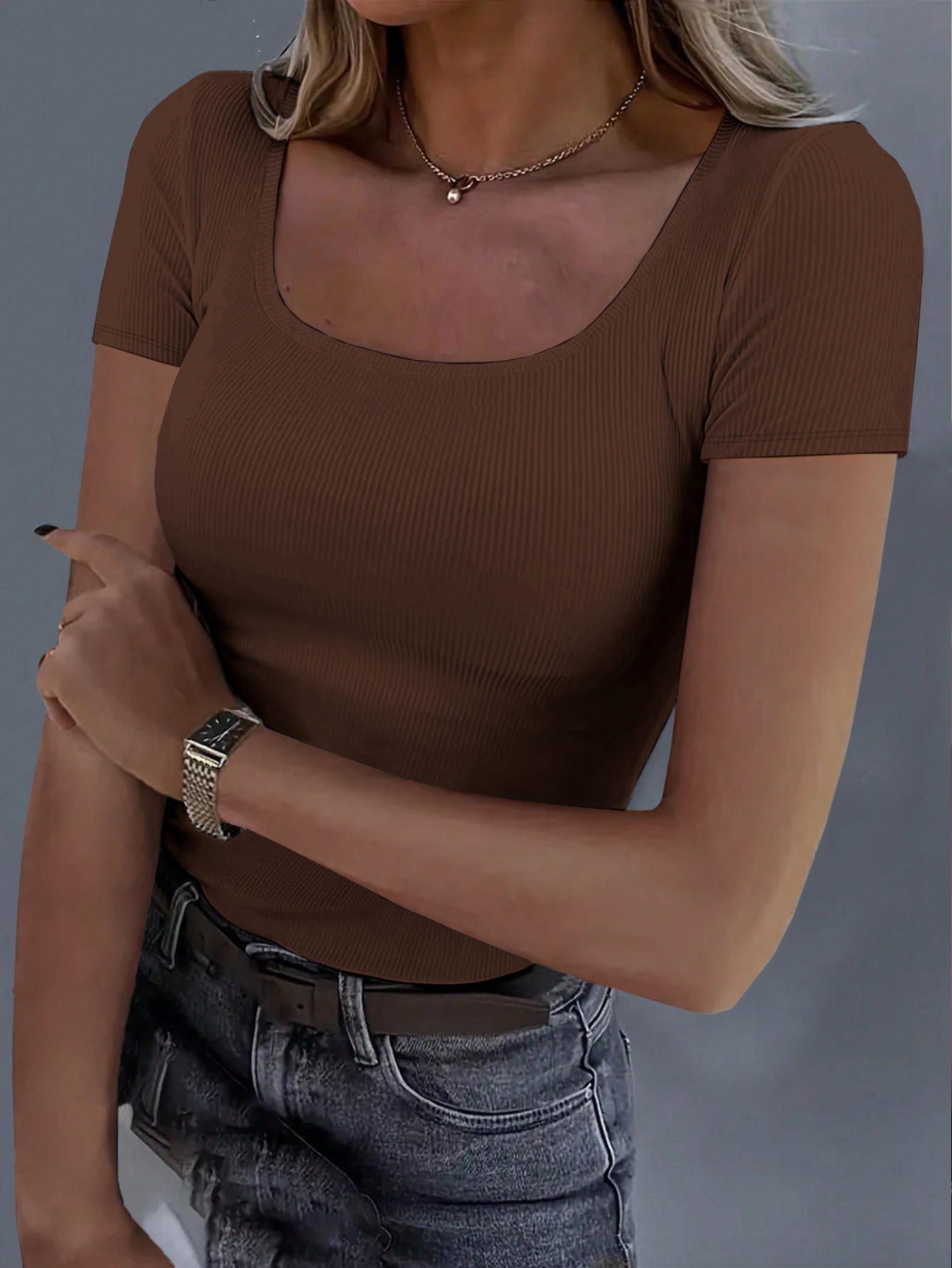 Aottori Damen T-Shirt Mit Asymmetrischem Ausschnitt - Elegantes Rippstrick Top