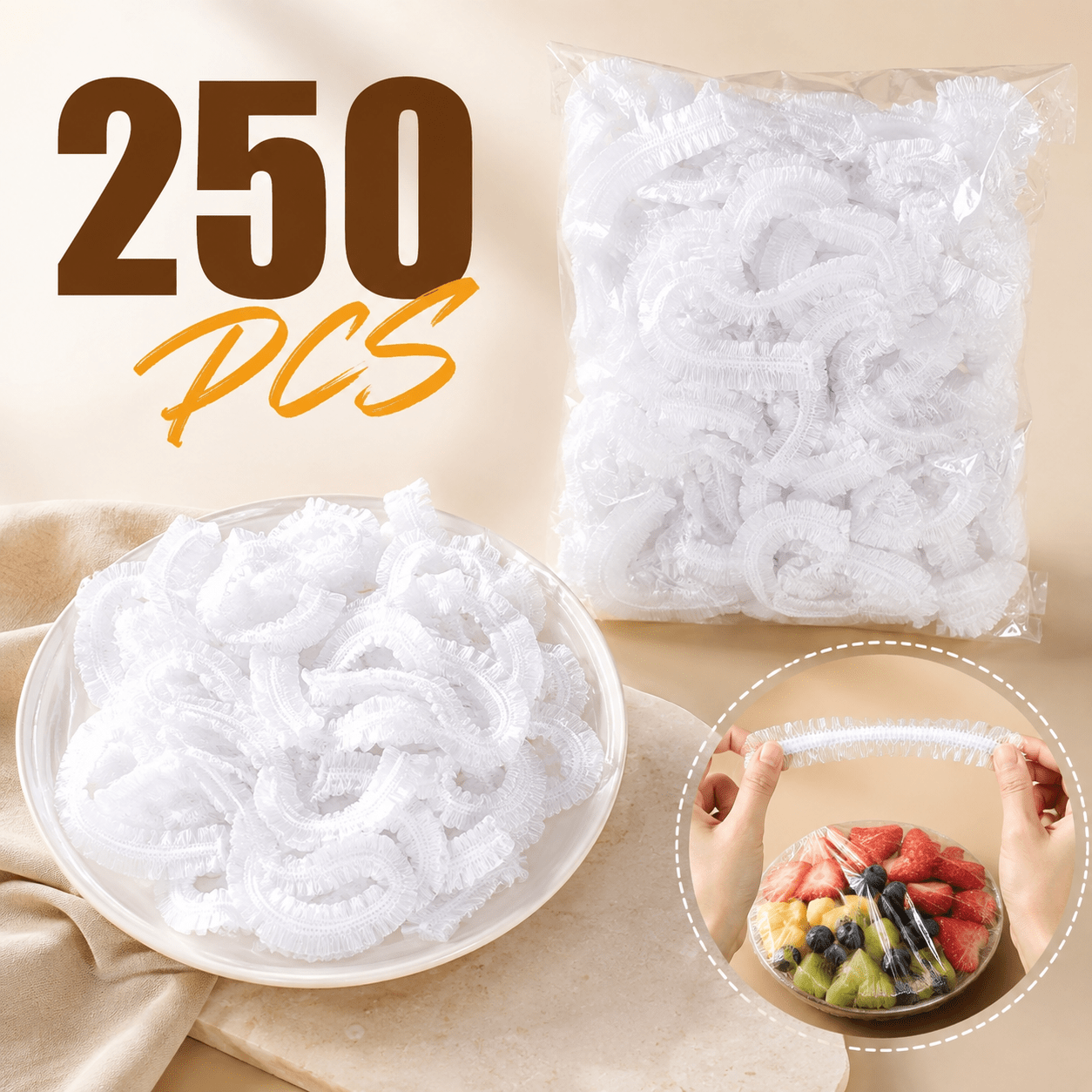 TEMU 250 Cubiertas Elásticas para Alimentos, Film Plástico Estirable, Cubiertas para Tazones y Platos de Cocina, Suministros de Conservación de