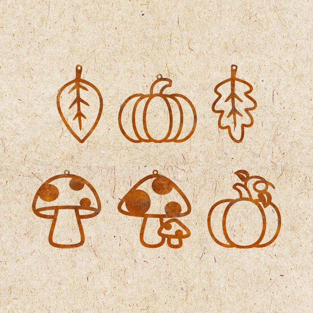 TEMU 6pcs Rustic Fall Metal Hanging Ornaments, Rust Metal Autumn Silhouette Ornaments, Pumpkin Mushroom Oak Leaf Set With Jute Rope For Thanksgiving