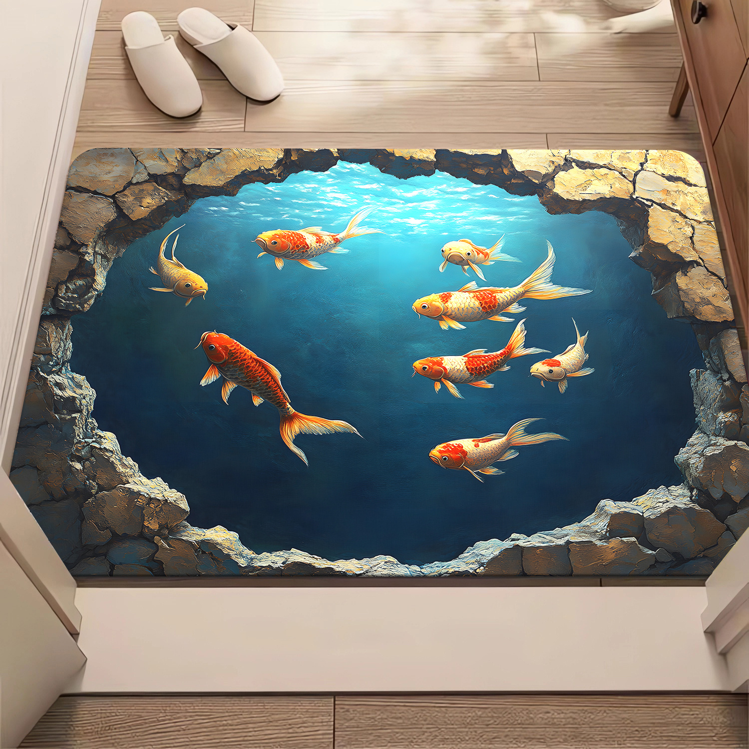TEMU 1pc, Visual Hallucination, Phantom, Brocaded Carp, Fish Pattern Hd Printed Door Mat, Non-slip Bathroom Floor Mats, Microfiber Absorbent Machine