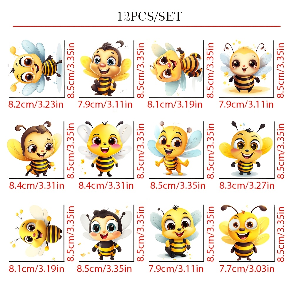 TEMU 12pcs Set Of Cute Bee Sweet Animal Heat Transfer Designs - Bright Colors, , T-shirts, Bags, And Hats