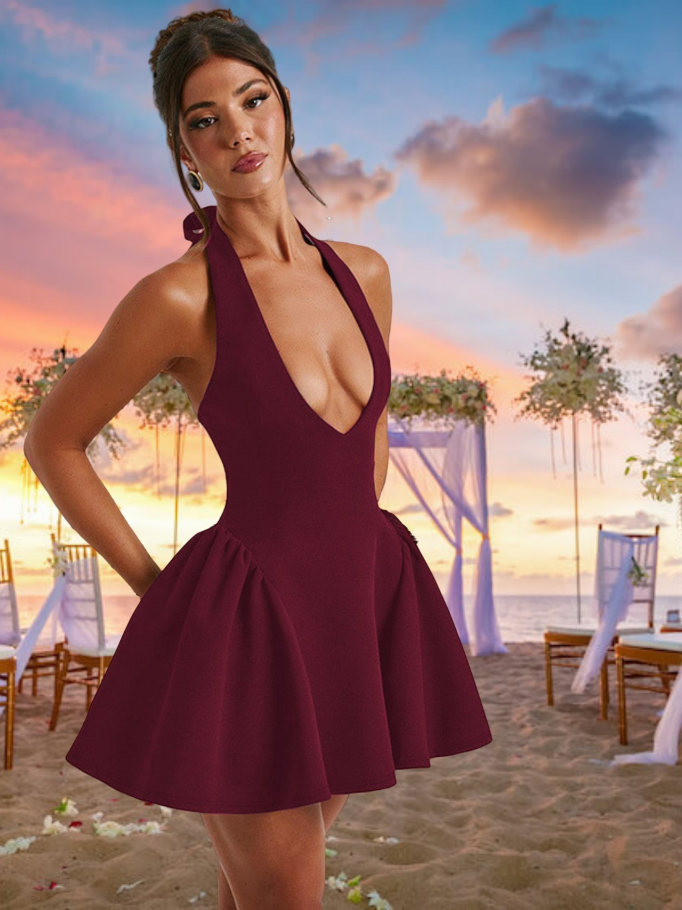 classy backless cocktail dress White Backless Tie-back Ruched Dress – AROLORA