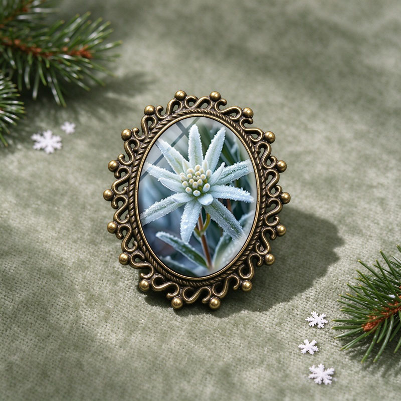 TEMU 1pc Flower Frosted Winter Oval Brooch Glass Dome Vintage Brooches Unisex Clothing Backpack Accessory