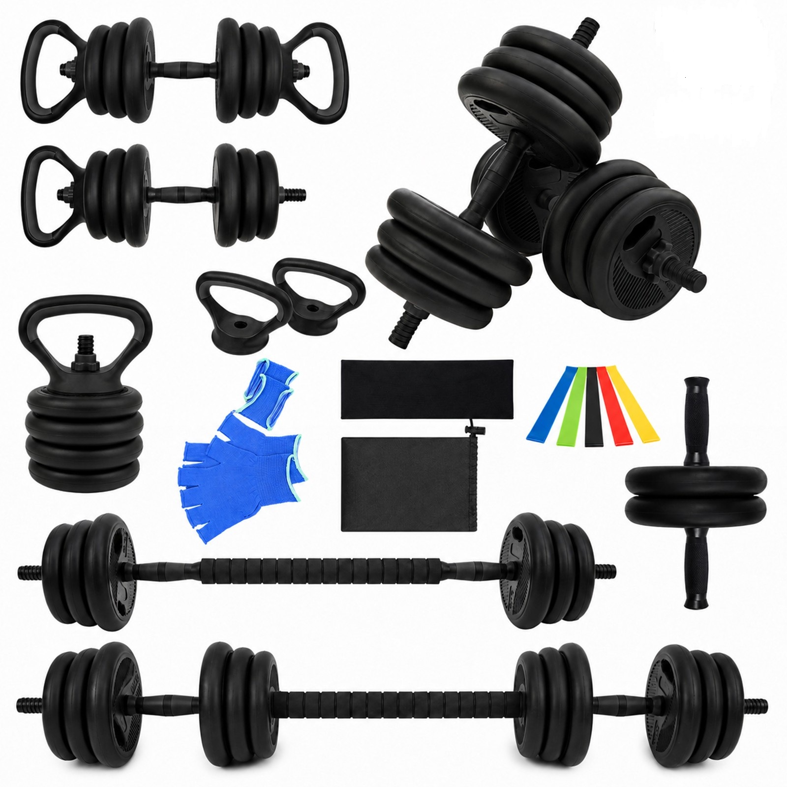 Image of 20kg 6-in-1 Multifunctional Adjustable Dumbbell Set With Barbell Kettlebell - Home Gym Weights Set For Men Women Includes Resistance Bands (5-pack), Headband, Ab Roller, Gloves & Storage Bag