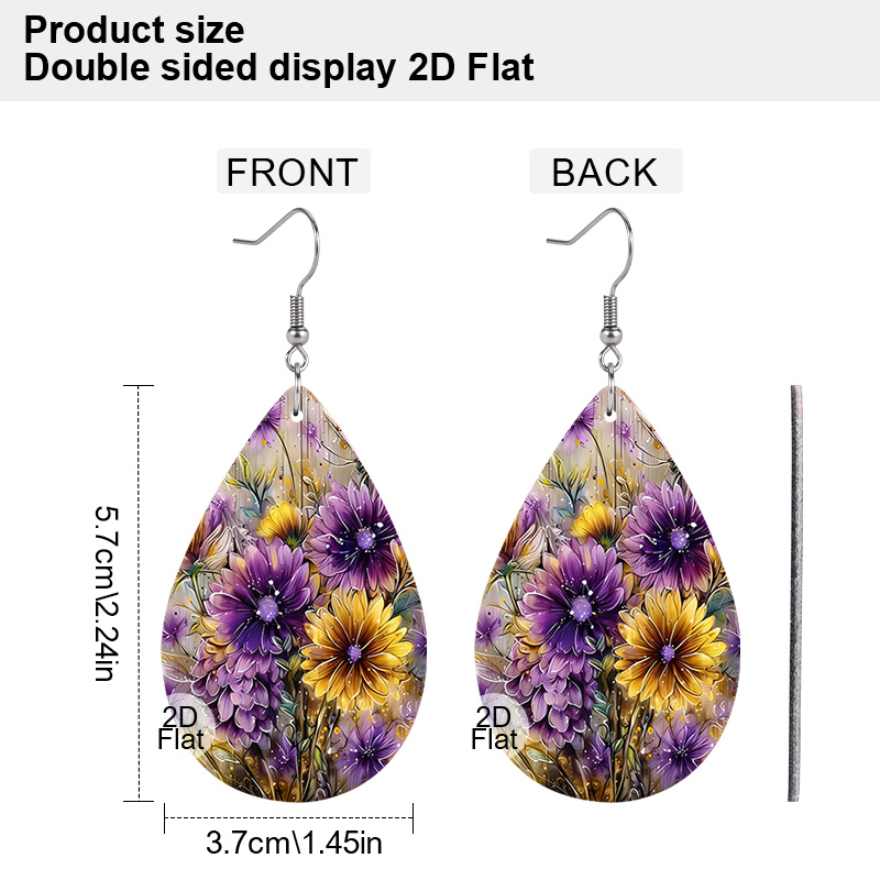 Women's Lightweight PU Leather Teardrop Earrings, Floral Design