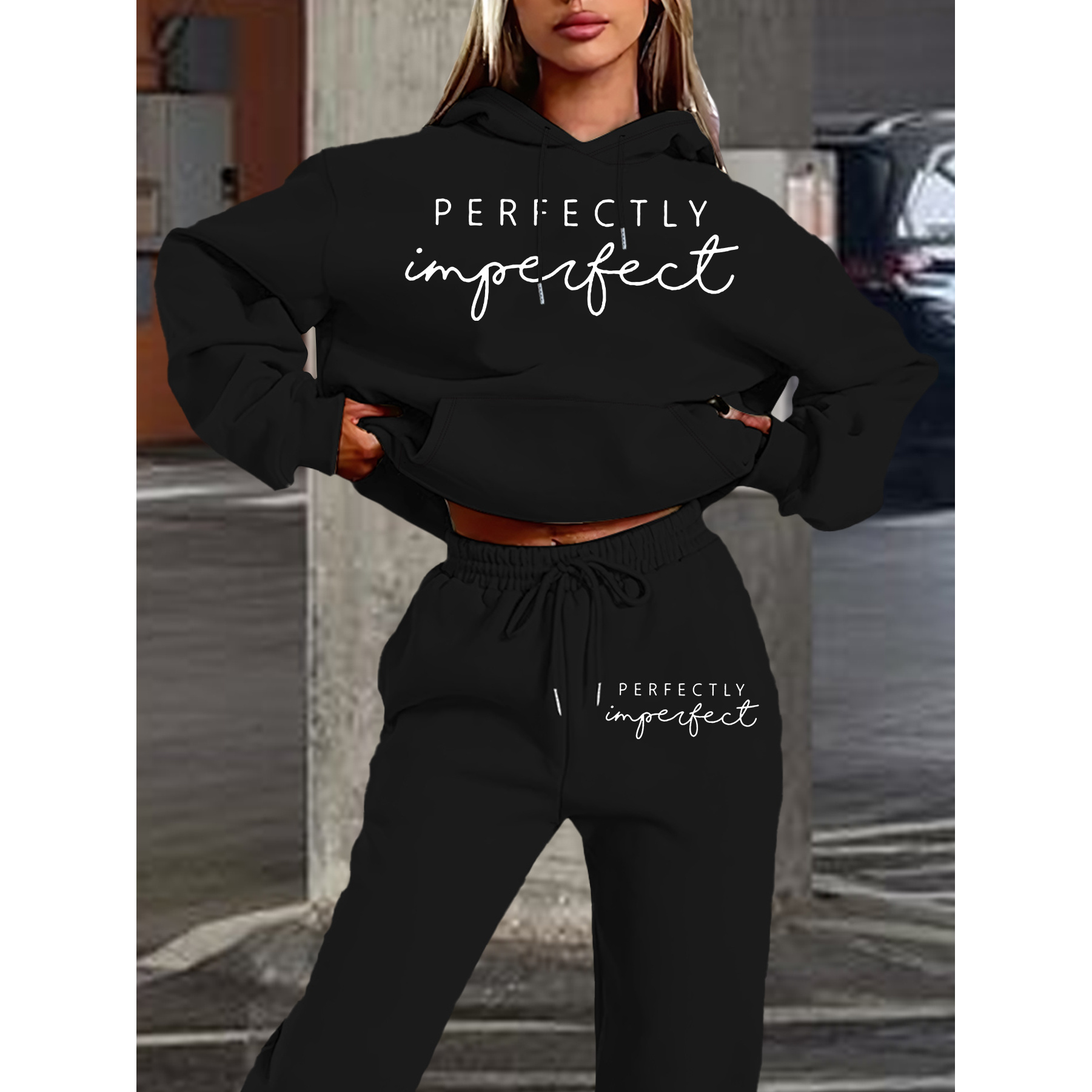 

Women's Casual Hoodie & Jogger Set - Letter Print, Long Sleeve With Pockets, Polyester , Machine Washable - Fall/winter