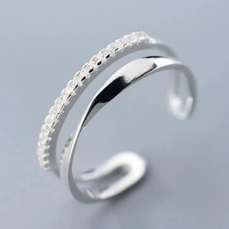 Unique Creative Line Inlay Zirconia Double Layer Ring For Women Men Casual Fashion Elegant Adjustable Opening Ring