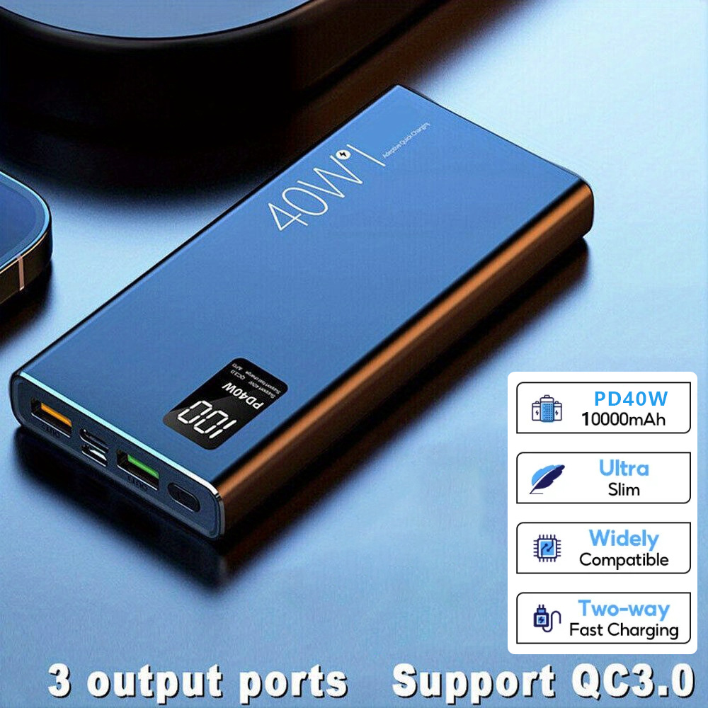 

1pc 10000mah Power Bank, 40w Dual Usb Fast Charging Portable Charger With 3 Outputs & 2 , Qc3.0 Compatible, Usb/battery , Miniusb Connector, Universal Compatibility For Iphone, Samsung, , Ipad