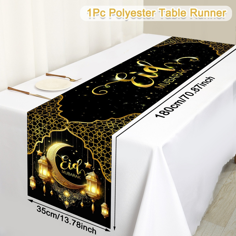 Image of 1pc Table Runner, 180 X 35cm Rectangular Black And Designed Table Flag, Perfect For Kitchen Dining Table Decor For Home