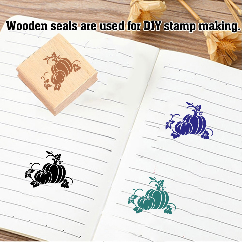Vintage Wooden Rubber Stamp with Vine Leaves and Pumpkin Design
