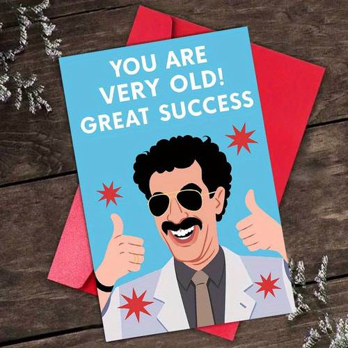 a humorous mens birthday card with a vintage themed design conveying a message of success having a red envelope