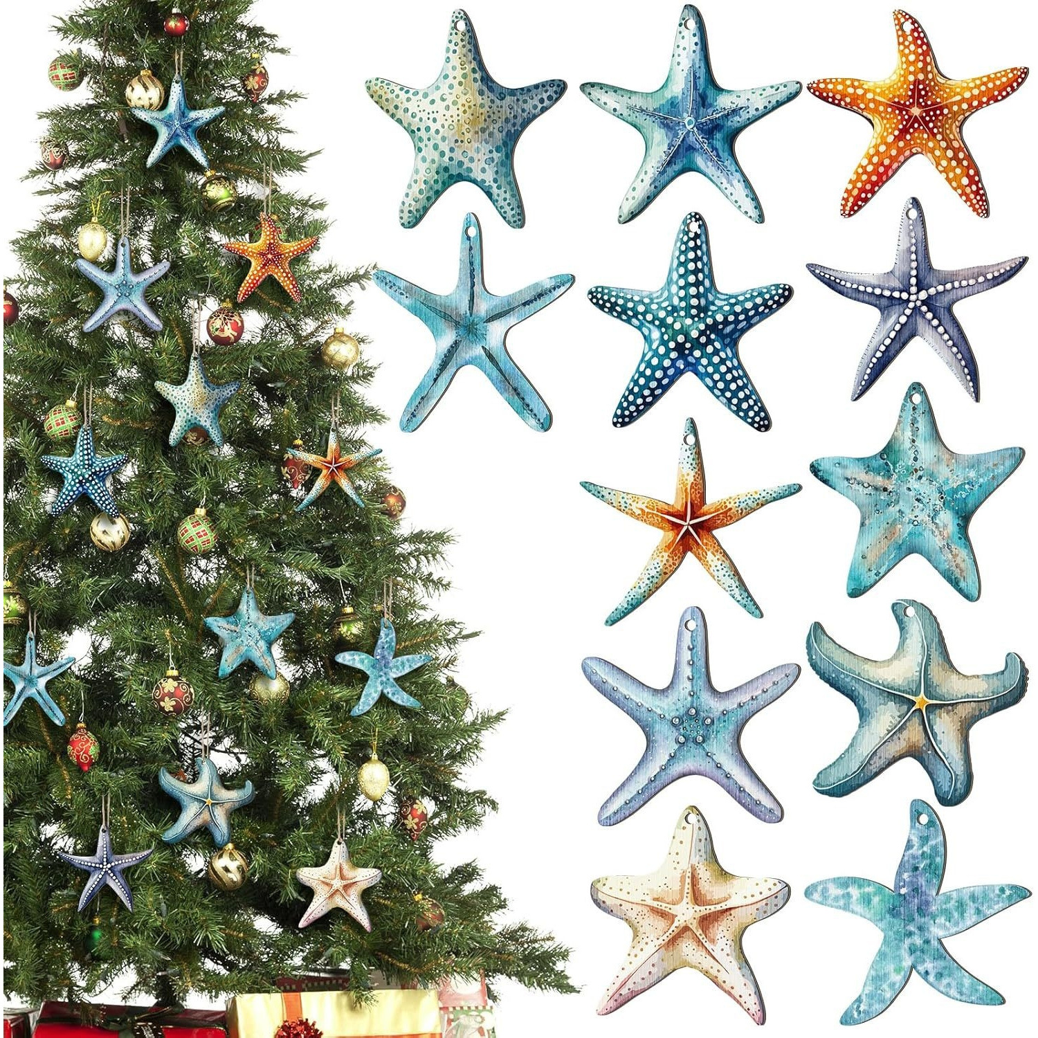 TEMU 12pcs 2d Flat Wooden Starfish Ornaments With Hanging Cords, Nautical Wall Decor, Ocean Beach Style Wooden Star Wall Art, Indoor Home Wall