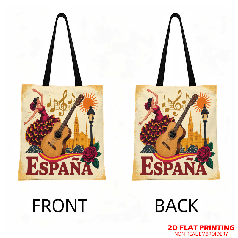 TEMU Bolsa tote estampada con rosa, guitarra española y guitarra 2D para viajes casuales, uso en , gran capacidad, bolsa de compras reutilizable de