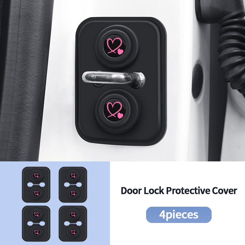 TEMU Silicone Door Lock Cover - Set Of 4 Heart-shaped Car Door Lock Latch Silicone Protective Covers, Noise-reducing Shock-absorbing Pads | Thickened