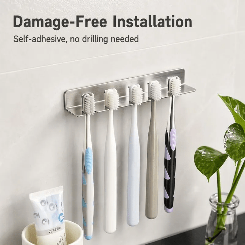 TEMU Porte-brosses à dents robuste en acier inoxydable de qualité supérieure à 5 fentes, suspendue, aucun perçage . Ce support de rangement mural