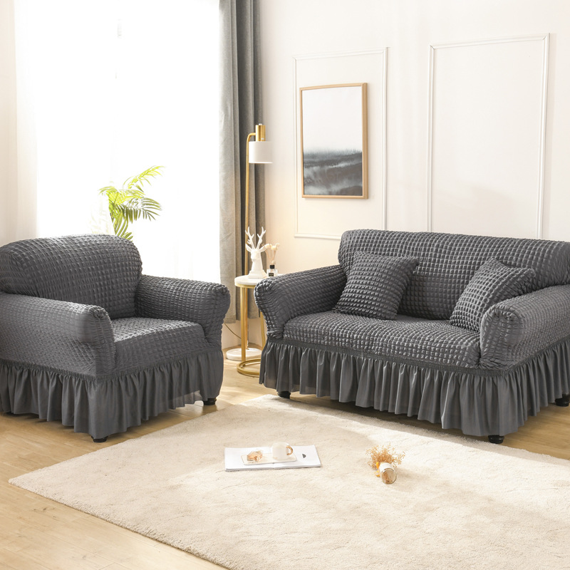 1pc Stretch Bubble Waffle Weave Armrest Sofa Cover, Skirt Style Sofa Slipcover For Home And Hotel Use