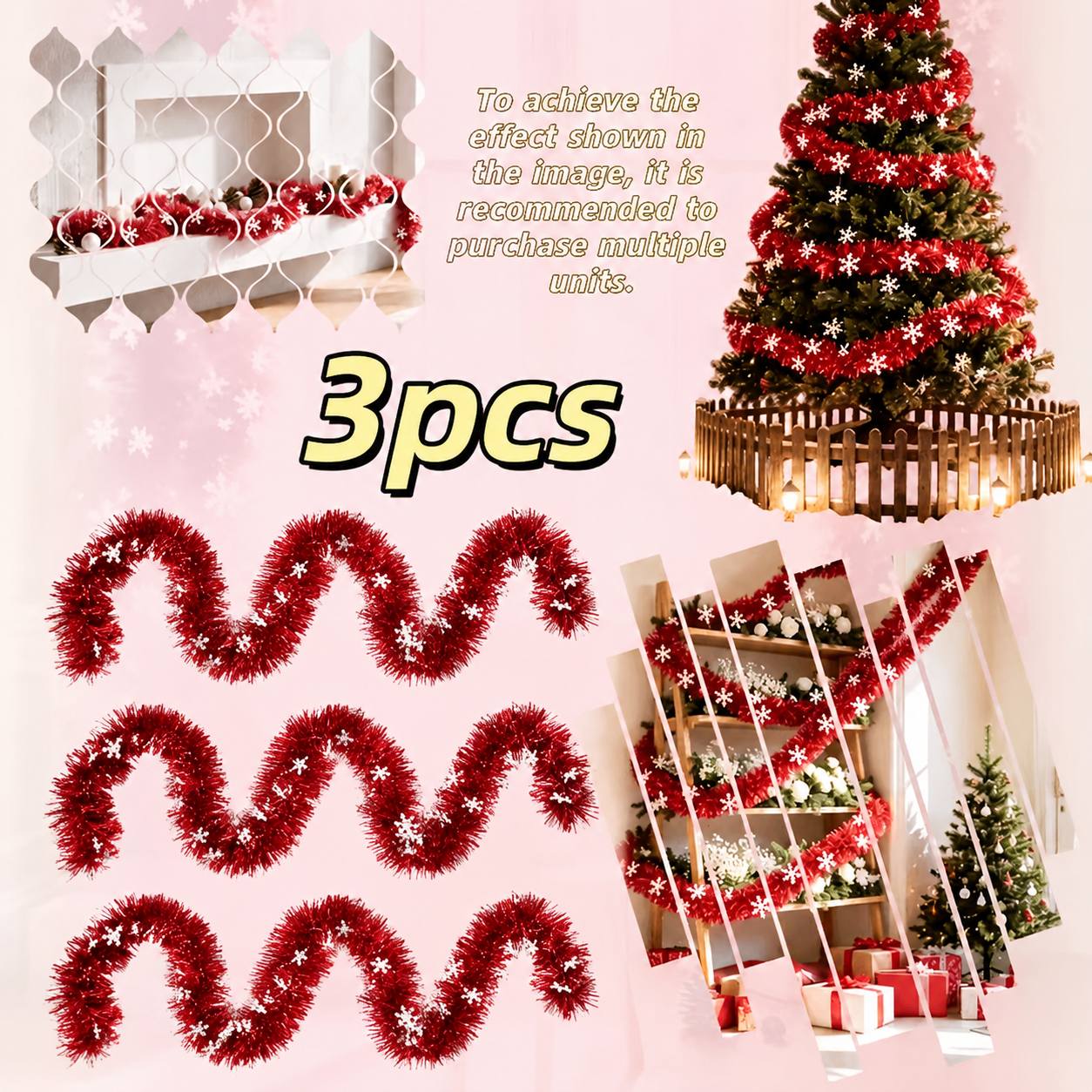 TEMU 3pcs Snowflake Red Tinsel Garland, 236.22 Inches Metallic Foil Christmas Decoration For Fireplace, Staircase, Door & Holiday Decor