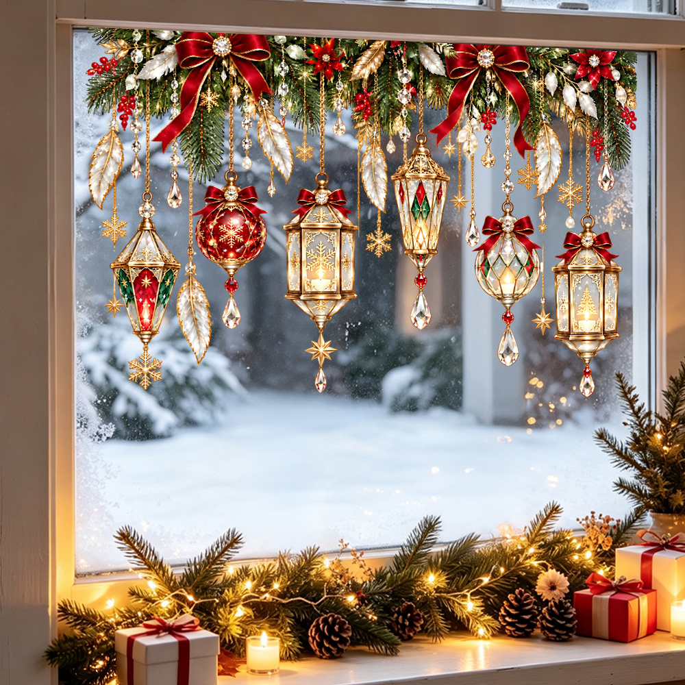 TEMU 1pc Vintage Hanging Lantern Christmas Glass Decal With Pine Branch Wreath Vine, Red Bow Gift Box And Ornament Ball Double-sided Draping Visual