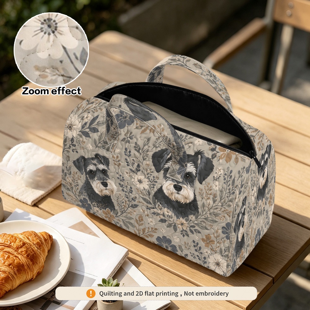2d flat 1pc vintage floral miniature schnauzer patterned lightweight quilted handbag zipper closure with sturdy handles versatile bag for shopping hiking and travel non