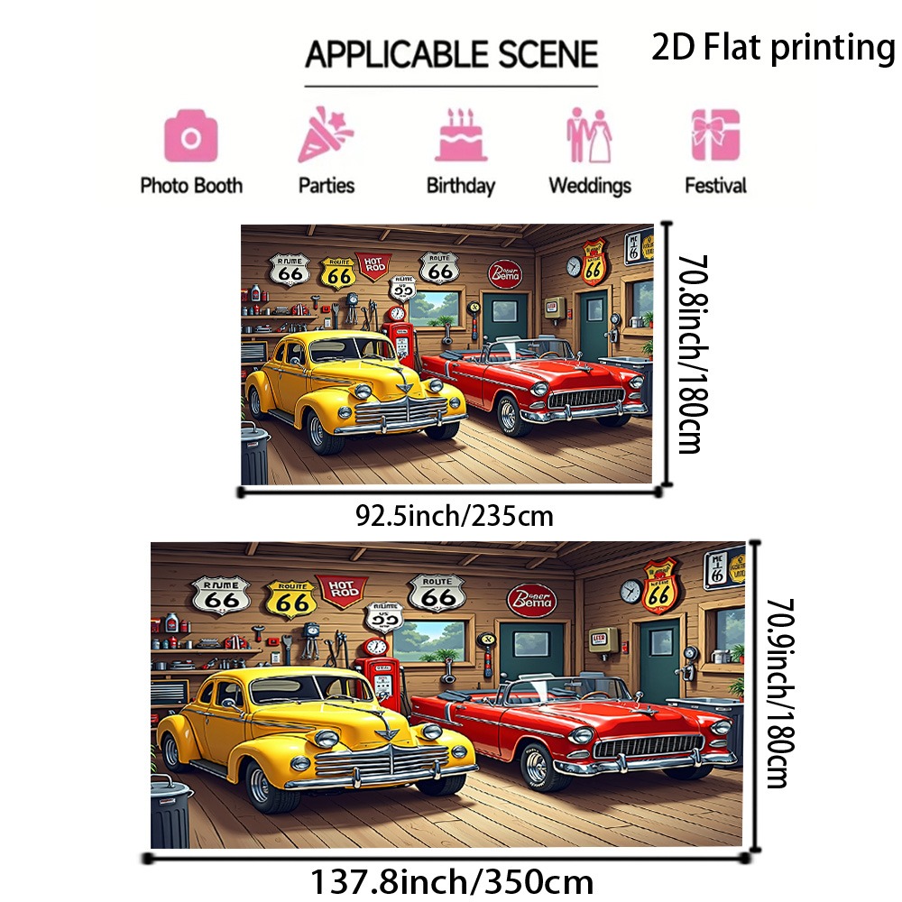 TEMU 2d Flat, 1pc Retro 1950s Americana Banner - Mid-century Automotive Decor With , Jumper Boxes & Gas Pumps - Durable Fabric Backdrop For