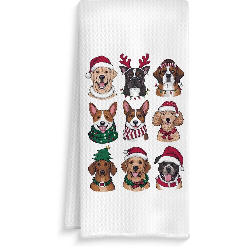 TEMU 1pc Kitchen Dish Towel Christmas Dog, Dog Lover Mom Dad Owner Gift Dishcloth, Fun Holiday Christmas Hat Puppy Decor Towel, Suitable For Kitchen